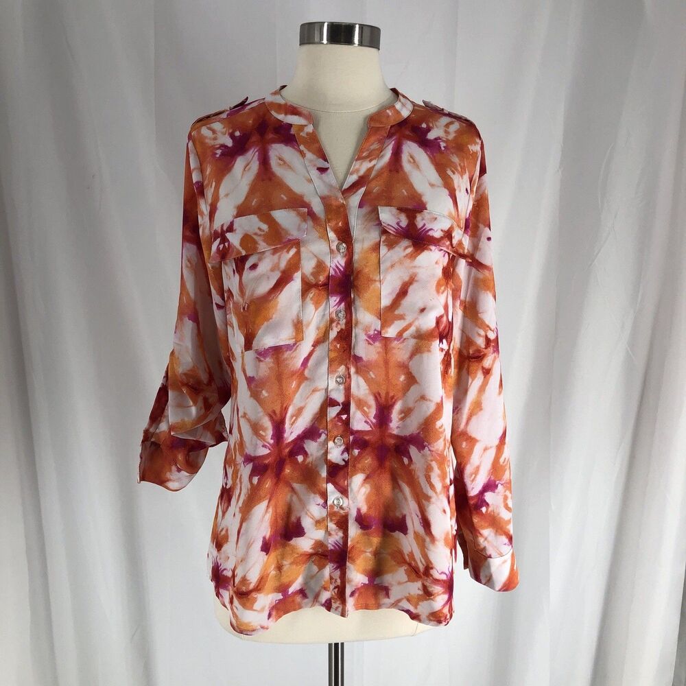 Calvin Klein Tie Dye Blouse Orange Pink Roll Tab Long Sleeve Button Up Hippie S